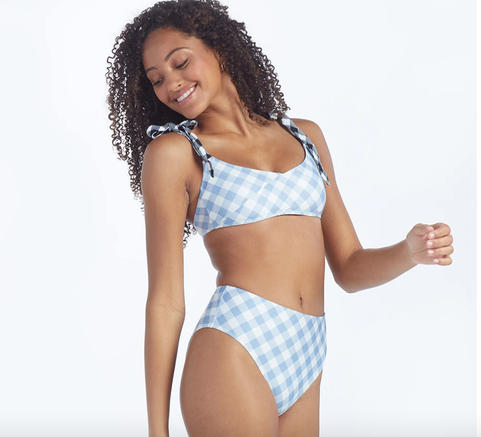 blue and whit gingham swim suit. Warm Weather is Here so is Swimwear for all