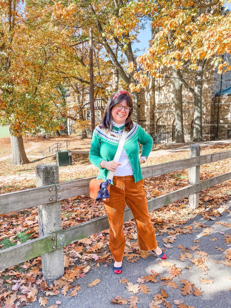 Fair Isle sweater and corduroy pants