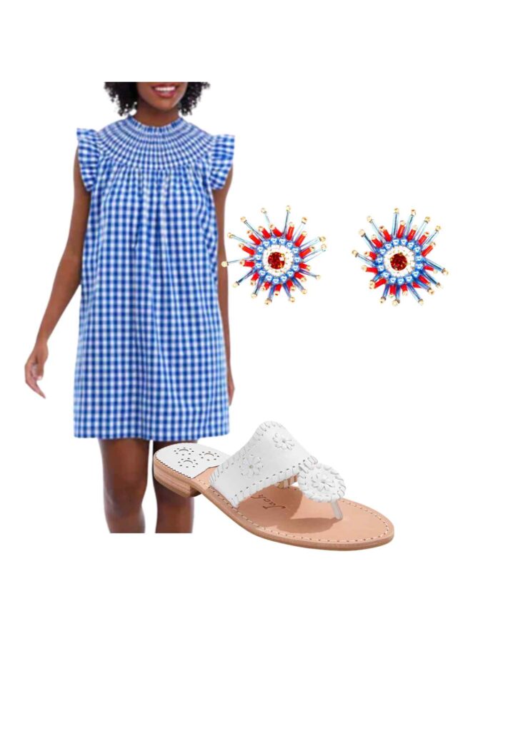 Gingham dress, beaded stud earrings, white sandals
