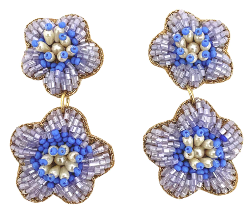 Beaded blue floral earrings