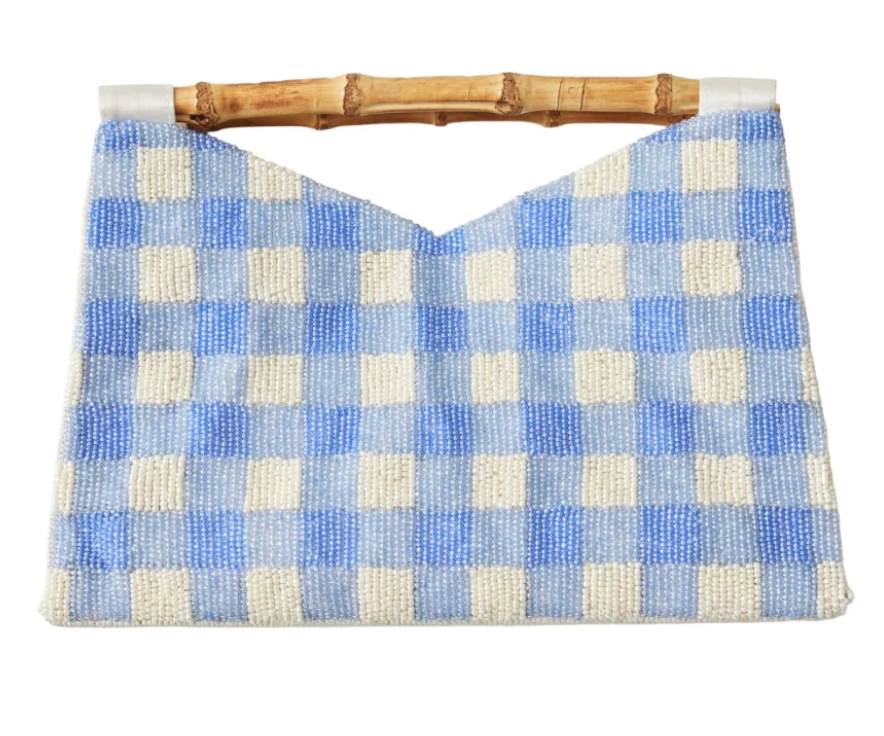 Blue gingham bamboo handle clutch